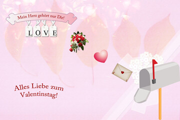 Grußkarte zum Valentinstag: Auf zartrosa Hintergrund flattern ein Liebesbrief, rotes Herz und rote Rosen aus dem Briefkasten