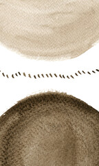 Watercolor abstract hand drawn illustration with sepia and sandy textured shapes and dots. Sepia and umbra picture on the white background, portrait orientation