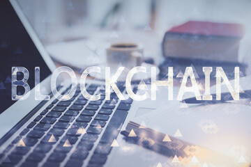 Double exposure of crypto technology drawing and desktop with coffee and items on table background. Concept of blockchain