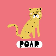 Roar. cartoon leopard, hand drawing lettering. flat style, colorful vector for kids. baby design for cards, poster decoration, print