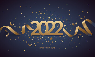 Obraz na płótnie Canvas Happy New Year 2022. Golden numbers with ribbons and confetti on a dark blue background.