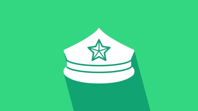 White Police cap with cockade icon isolated on green background. Police hat sign. 4K Video motion graphic animation.