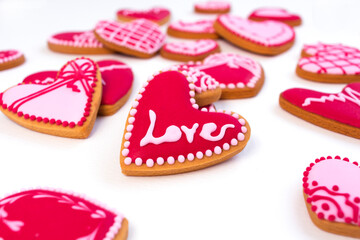 Heart shaped cookies for Valentine's day with love sign.