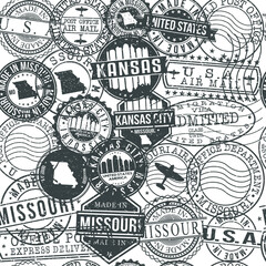Kansas Missouri Stamps Background. City Stamp Vector Art. Postal Passport Travel. Design Set Pattern.