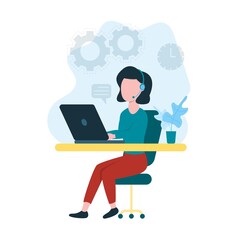 Woman working or study from home from laptop, student or freelancer. Flat design. Vector illustration