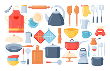 Kitchen tools set.Kitchen utensils icon collection with knife, spoon, fork, pans, cup, teapot, grater, rolling pin, cutting board, cutlery. Cooking and kitchenware food.Household in flat cartoon style