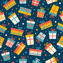 Seamless pattern with gift boxes of different colors. Vector illustration