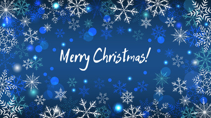 Obraz na płótnie Canvas Vector background with multi-colored snowflakes on a blue background. Festive Christmas background with bokeh elements for invitations, websites, print, decor, etc.