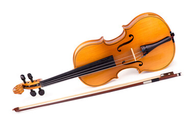 Fototapeta na wymiar Violin and bow on the white background