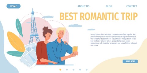 Cartoon flat characters take pictures making selfie outdoor on travel or vacation trip using mobile phone,web online site design concept