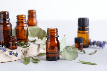Collection of various essential oils with different herbal ingredients
