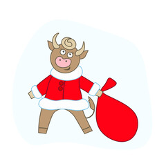 Funny Bull with a bag in Santa costume, shopping and gifts, new year symbol, square, vector