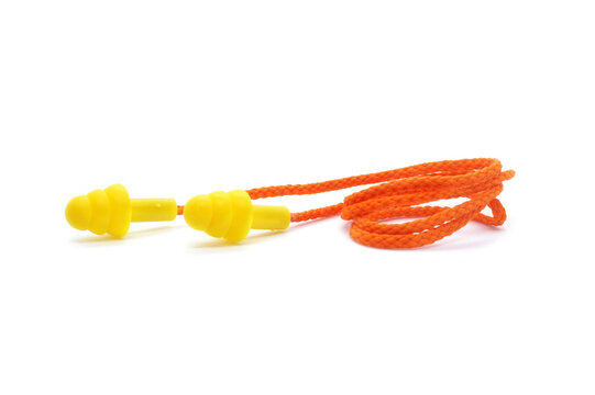 Yellow Silicone Earplugs With Cord Isolated On White Background. Noise Isolation And Protection. Close-up.