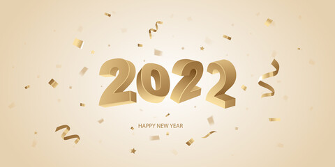Happy New Year 2022 background. Golden 3D numbers and confetti on a bright background.