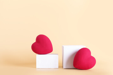 Happy Valentines Day greeting card with white podiums and hearts