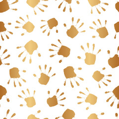 Abstract gold seamless pattern. Golden handprint. Repeated happy hand print. Funny background for design wallpapers, prints. Repeating imprint stamp palm. Track hand patterns. Fun backdrop. Vector