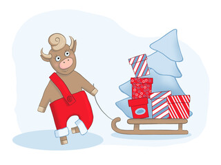 Santa's merry Bull with a sleigh and a Christmas tree, shopping and gifts, a symbol of the new year