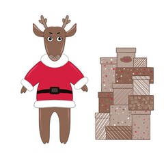 Puzzled reindeer in Santa costume and lots of gifts, square, shopping and sales, delivery