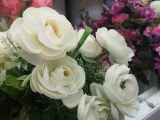 White Rose Beautiful Artificial bouquet flowers decoration background in vintage greeting card or celebration event design Retro, fabric and plastic, Valentine