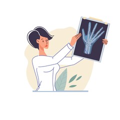 Cartoon flat doctor character in uniform,lab coat with medical pictures and symbols-radiography and x-ray diagnostics concept