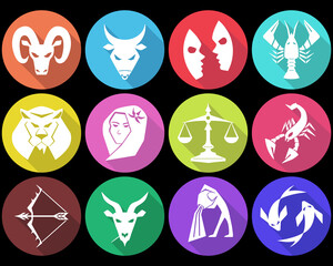 Zodiac signs (horoscope symbols) flat icons set. Colorful stylish design