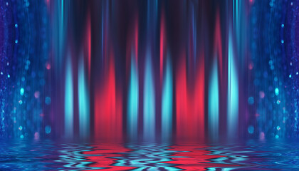 Dark abstract background. Neon shapes are reflected on water, ultraviolet light, bokeh. Beach night party. 3d illustration
