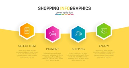 Concept of shopping process with 4 successive steps. Four colorful graphic elements. Timeline design for brochure, presentation, web site. Infographic design layout.