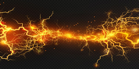 Realistic lightning bolts on a black transparent background. the charge of energy is powerful.Accumulation of electric orange and blue charges.A natural phenomenon. Magic effect. Lightning PNG.	 - obrazy, fototapety, plakaty
