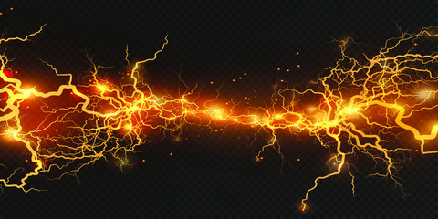 Realistic lightning bolts on a black transparent background. the charge of energy is powerful.Accumulation of electric orange and blue charges.A natural phenomenon. Magic effect. Lightning PNG.  - obrazy, fototapety, plakaty