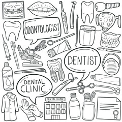 Dentist Tools doodle icon set. odontologist Vector illustration collection. Dental Clinic Hand drawn Line art style.
