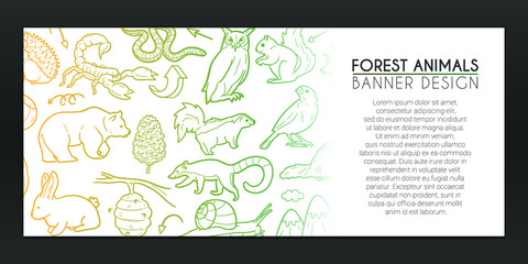 Animals Forest Doodles Banner. Wild Life Background Hand drawn. Mountain Fauna Icons illustration. Vector Horizontal Design.