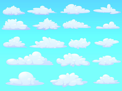 Big collection of cartoon clouds soaring in the air isolated on blue background. Fluffy clouds in different shapes and transparencies in the blue sky. Vector illustration