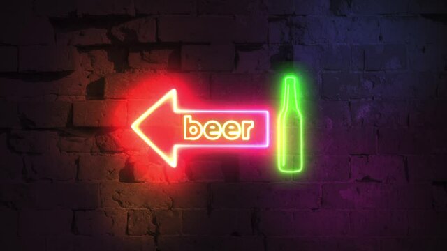 A neon beer sign on a brick wall background shows a nightclub, bar or pub. Signs of a brewery for a cafe or restaurant - 4k