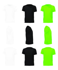 Mens t-shirt of different types with realistic style. T-shirt template set, blank black, white and green in front, back views. Realistic mockup men's t-shirt. Vector illustration