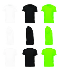 Naklejka premium Mens t-shirt of different types with realistic style. T-shirt template set, blank black, white and green in front, back views. Realistic mockup men's t-shirt. Vector illustration