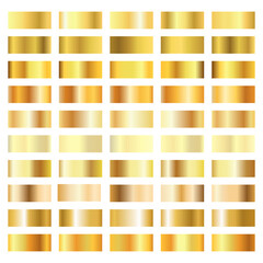 Golden gradient collection. Gold, golden gradient, pattern. Metal texture, realistic metallic foil. Gradients gold on white background. Vector illustration