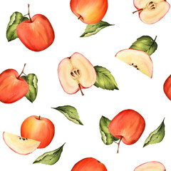 Seamless watercolor pattern of red apple, half, slice. Isolated on white background. Food illustration for thanksgiving and harvest day, scrapbooking