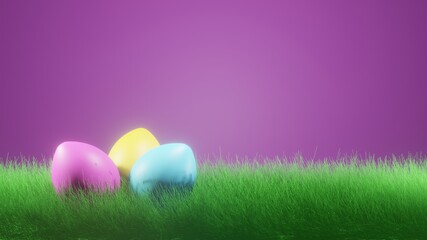 Colorful easter eggs on green grass with pink empty background. 3d rendering illustration.