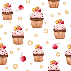 Seamless watercolor pattern of sweet desert. Cupcake, hearts, chocolate. Love illustration for Valentines, wedding, scrapbooking, card, invitation