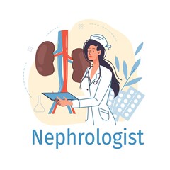 Cartoon flat doctor character in uniform,lab coat with medical devices and symbols-nephrologist medic profession career concept