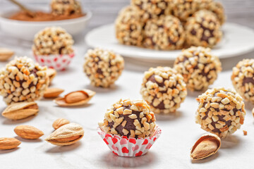 Close-up on truffles on a white marble background