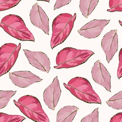 Tropical vintage red Aglaonema modestum Schott palm leaves floral seamless pattern on light yellow background. Exotic jungle wallpaper.