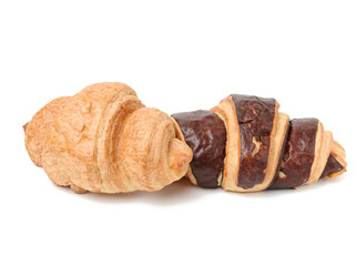 baked chocolate croissant made from white wheat flour isolated on white background