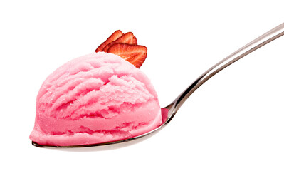 Strawberry ice cream scoop with garnish in metallic spoon isolated on white background including clipping path.
