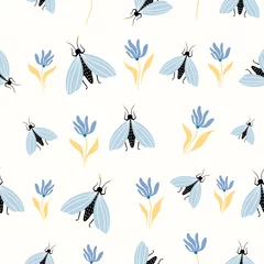 Fotobehang Vlinders Lente en zomer naadloos patroon met blauwe motten en bloemen