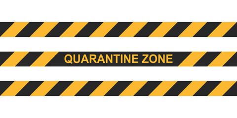 Danger tape quarantine zone. Warning tape fencing. Black and yellow vector diagonal stripes. Epidemic covid-19 orange tape quarantine zone inscription