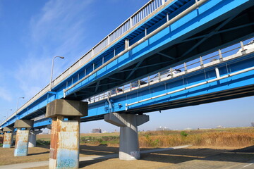 秋の江戸川に架かる流山橋風景