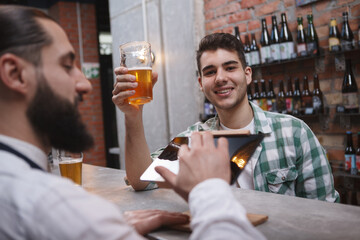 Cheerful handsome man toasting with his beer glass, drinking at the pub