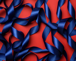 curled blue silk ribbon on a red background, festive background