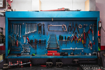 Tool kit in a car workshop. Concept of automobile mechanics.